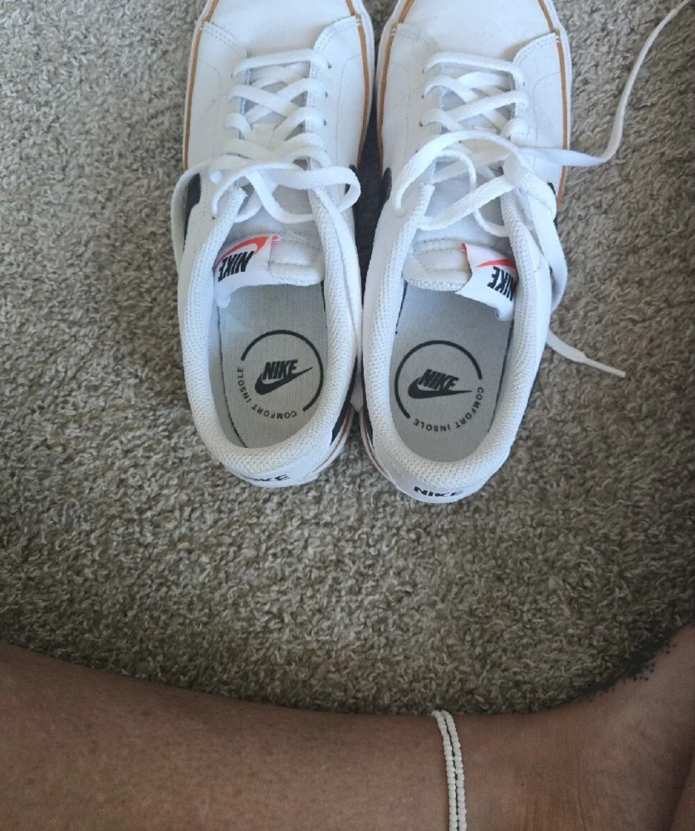 Nike KidsWhite Sneakers with Black Swoosh and Brown Trim
